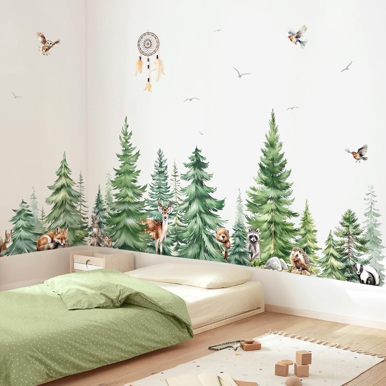 Baby Nursery Panelling - Büyük Suluboya Çam Ağacı Hayvanlar Duvar