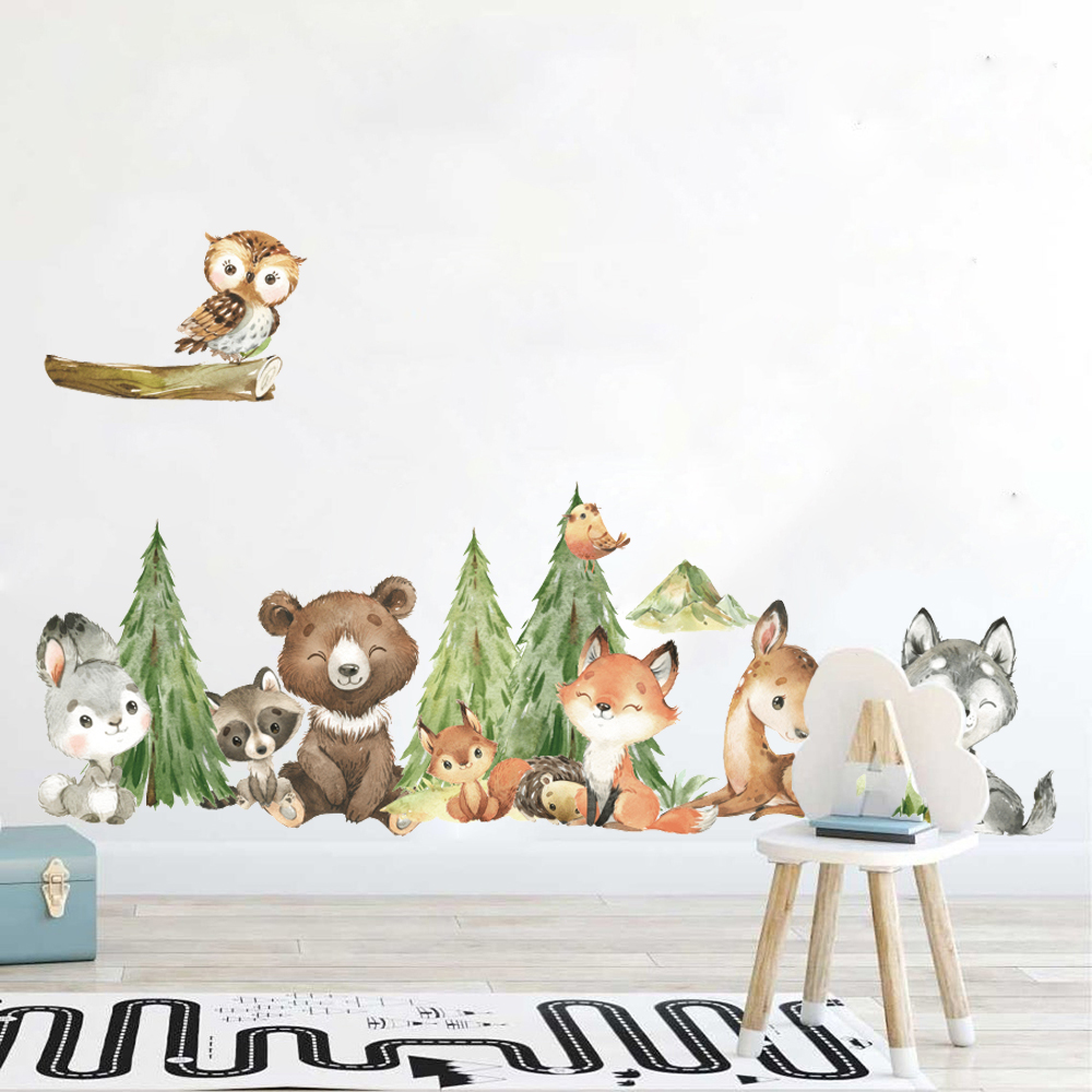 Baby Nursery Panelling - Karikatür Suluboya Orman Hayvan Duvar Sticker