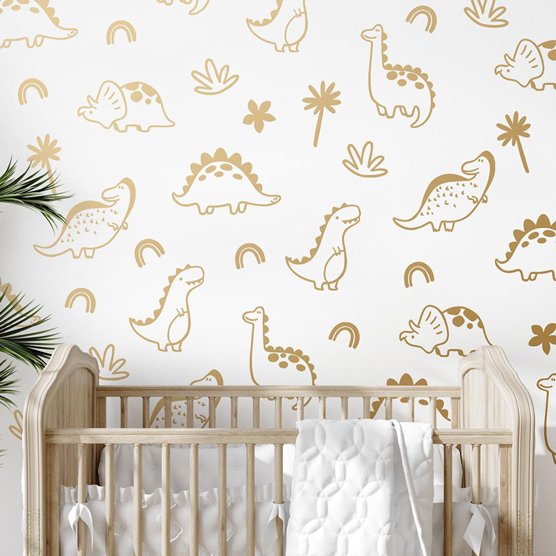 Baby Nursery Panelling - Geometrik Dinozor Ağacı Gökkuşağı Duvar Sticker