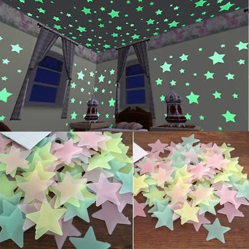 Baby Nursery Wall Mural - 100 adet Floresan Karanlıkta Parlayan Yıldızlar