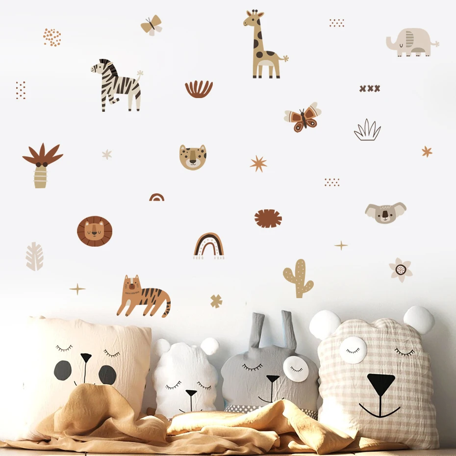 Baby Nursery Wall Mural - Karikatür Afrika Hayvanlar Fil Zebra Kaktüs